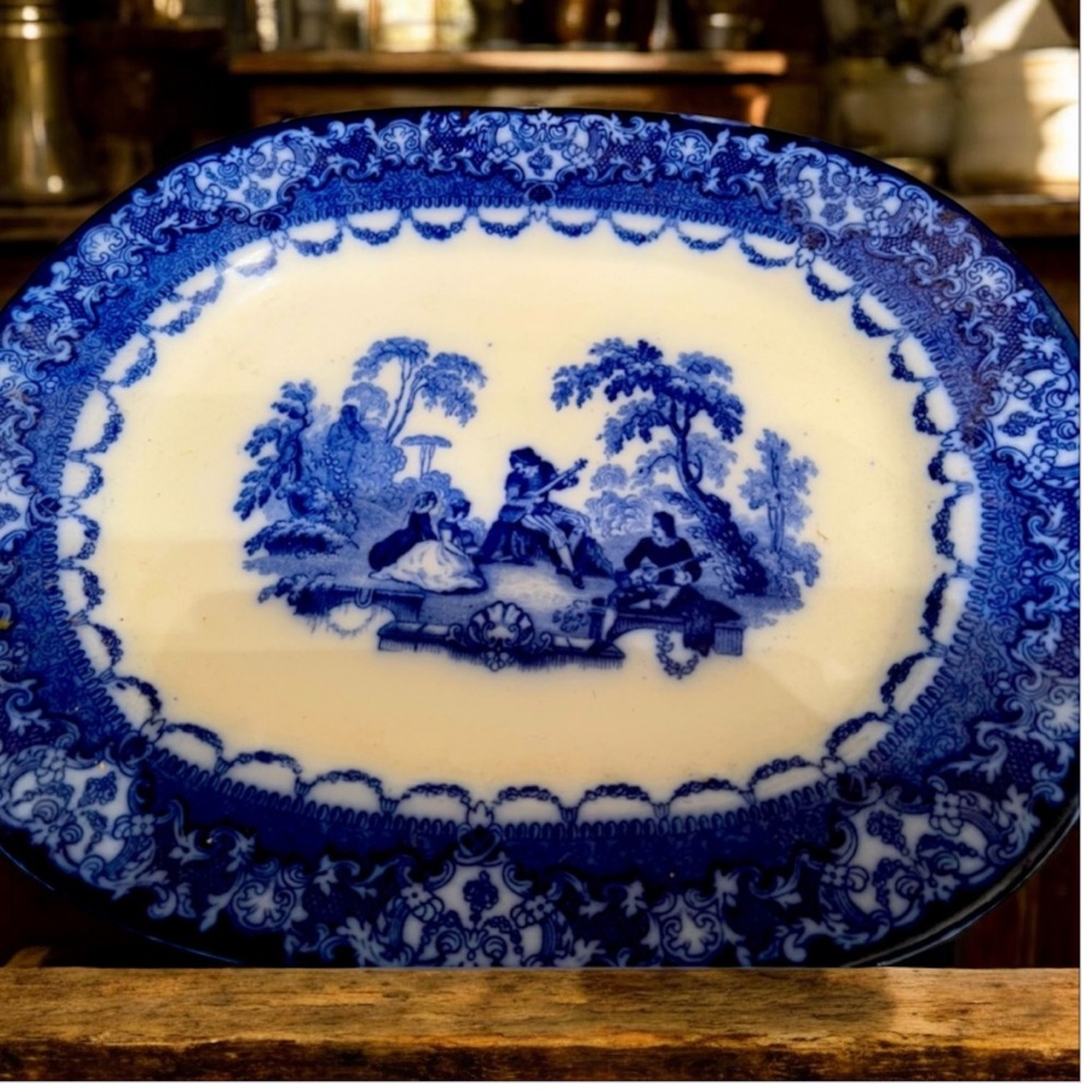 Antique‎ Flow Blue Serving Platter Scenic Courting Scene 13” Oval